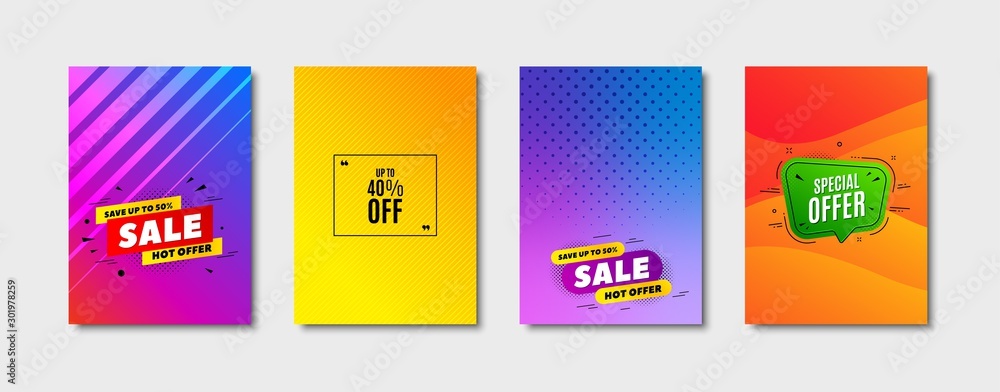 Fototapeta premium Up to 40% off Sale. Cover design, banner badge. Discount offer price sign. Special offer symbol. Save 40 percentages. Poster template. Sale, hot offer discount. Flyer or cover background. Vector