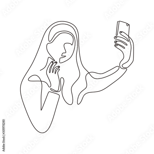 Young girl taking selfie continuous one line drawing. Woman take a picture using mobile phone or smartphone. Vector minimalism design hand drawn sketch lineart.