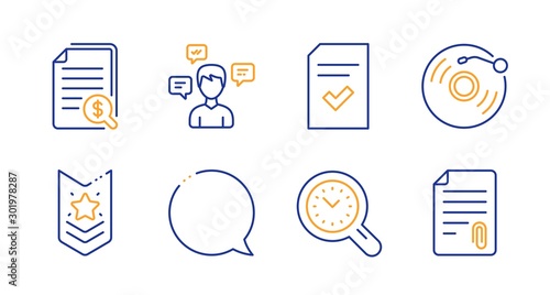 Conversation messages, Financial documents and Time management line icons set. Shoulder strap, Checked file and Vinyl record signs. Speech bubble, Attachment symbols. Vector