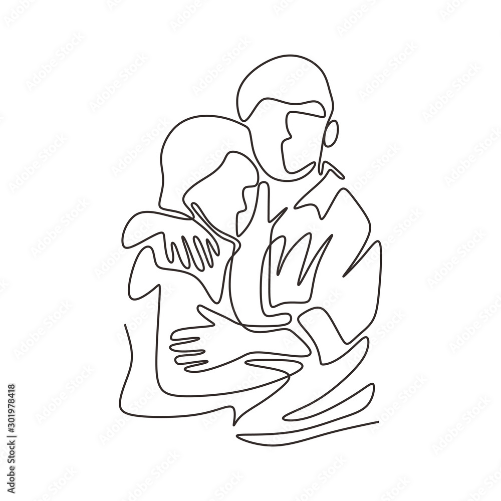 Continuous one line drawing of romantic couple. Man and girl hug and embrace. Minimalism style hand drawn sketch isolated on white background vector illustration simplicity.