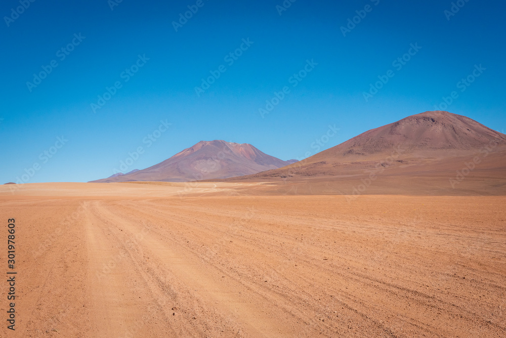 Dirt tracks continue through the orange soil of the Siloli Desert travelling past countless volcanoes into the endless horizon on a clear blue sky day.