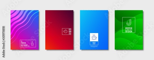 Cappuccino sign. Poster design, cover template. Cooking timer, Candy and Whiskey bottle line icons set. Stopwatch, Lollypop, Scotch alcohol. Espresso cup. Food and drink set. Vector