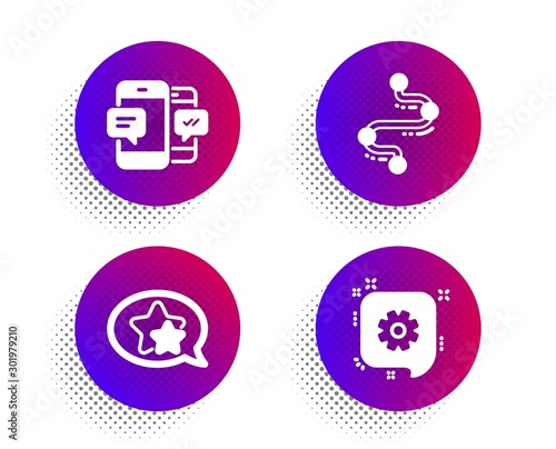 Star, Timeline and Smartphone sms icons simple set. Halftone dots button. Cogwheel sign. Favorite, Journey path, Mobile messages. Engineering. Technology set. Classic flat star icon. Vector