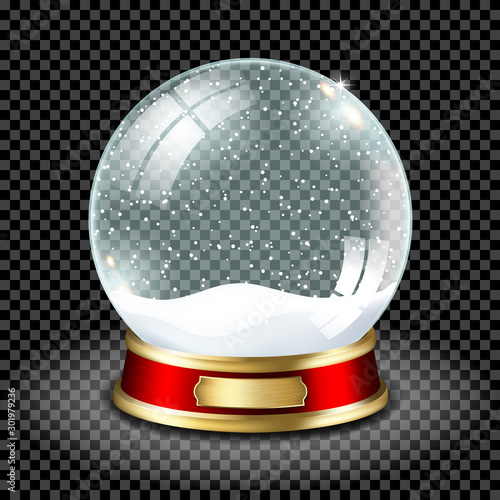 Realistic transparent snow globe with snow, isolated.