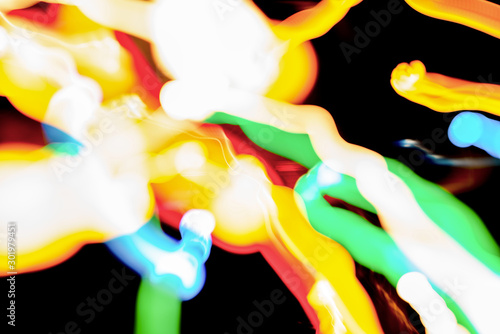 Christmas lights in blurry focus and motion long-exposure photo. Abstract background. Swirl effect. New year, power energy, LED, sci-fi, neon, magic, business or electricity concept photo.