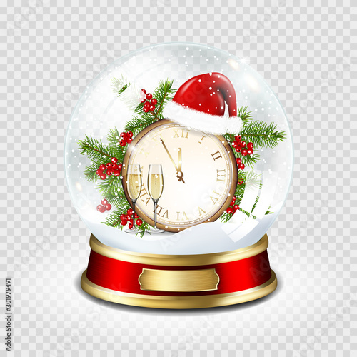 Realistic transparent snow globe with snowman and snow, isolated.
