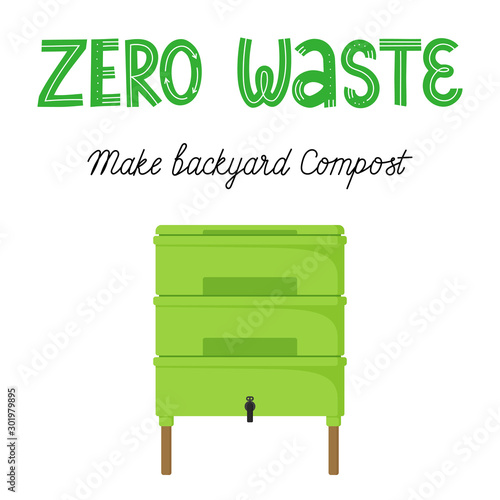 Green Vermicomposter, zero waste concept illustration with handwritten lettering inscription "Zero Waste, Make Backyard Compost" Isolated on transparent background.
