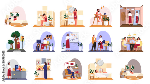 Daily routine of a woman set. Isolated vector illustration in cartoon style