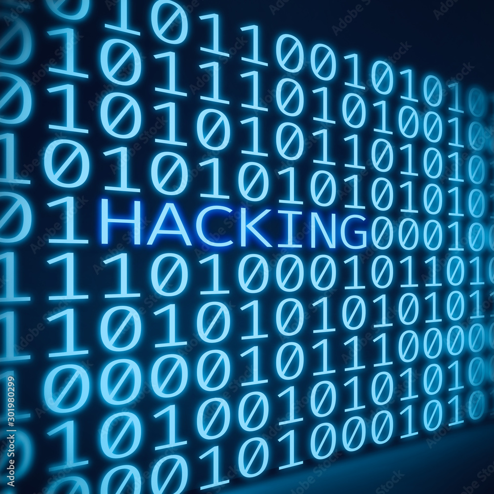 Inscription hacking between binary code digits on blue digital screen Inscription hacking between binary code digits on blue digital screen