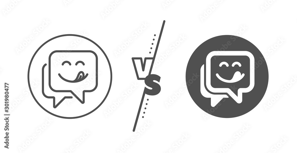 Emoticon with tongue sign. Versus concept. Yummy smile line icon. Speech bubble symbol. Line vs classic yummy smile icon. Vector Emoticon with tongue sign. Versus concept. Yummy smile line icon. Speech bubble symbol. Line vs classic yummy smile icon. Vector