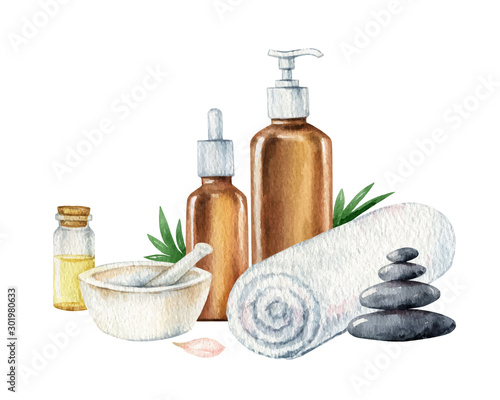 Watercolor vector Spa concept of cosmetic products.