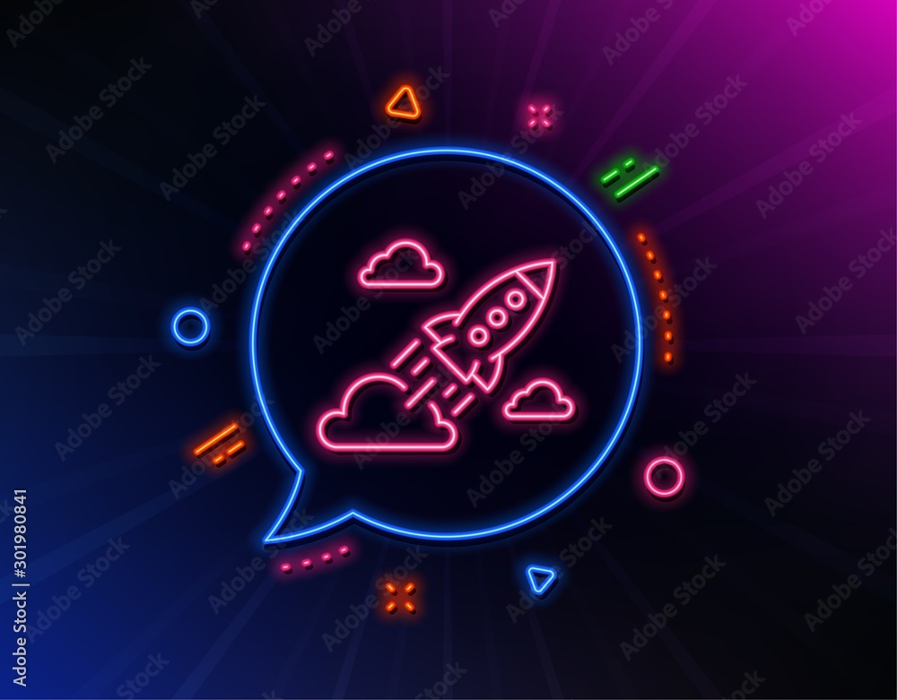 Startup rocket line icon. Neon laser lights. Launch Project sign. Innovation symbol. Glow laser speech bubble. Neon lights chat bubble. Banner badge with startup rocket icon. Vector