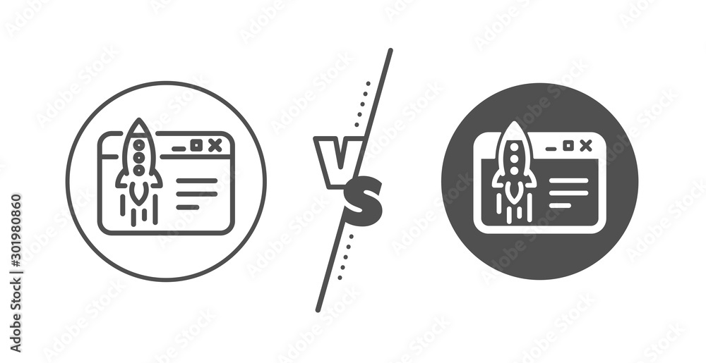 Launch crowdfunding project sign. Versus concept. Start business line icon. Innovation symbol. Line vs classic start business icon. Vector Launch crowdfunding project sign. Versus concept. Start business line icon. Innovation symbol. Line vs classic start business icon. Vector