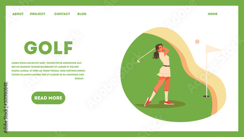 Web banner concept with a female golf player on green field.
