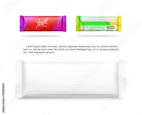 Flow packaging mockup. Vector illustration isolated on white background. Can be use for your design, promo, adv and etc. Possibility for food, pharmaceutical, cosmetic. EPS10.
