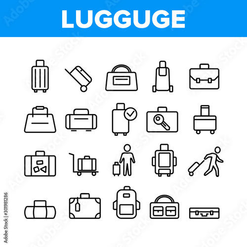 Luggage And Baggage Collection Icons Set Vector. Backpack And Handbag, Suitcase, And Briefcase, Messenger Bag, Trolley And Travel Luggage. Concept Linear Pictograms. Monochrome Contour Illustrations