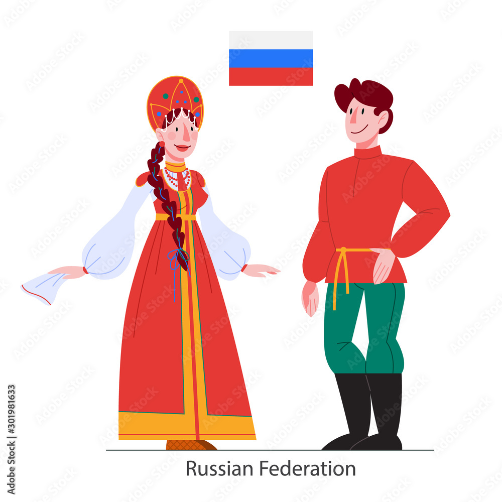 Russian men and women in traditional costumes and headdresses
