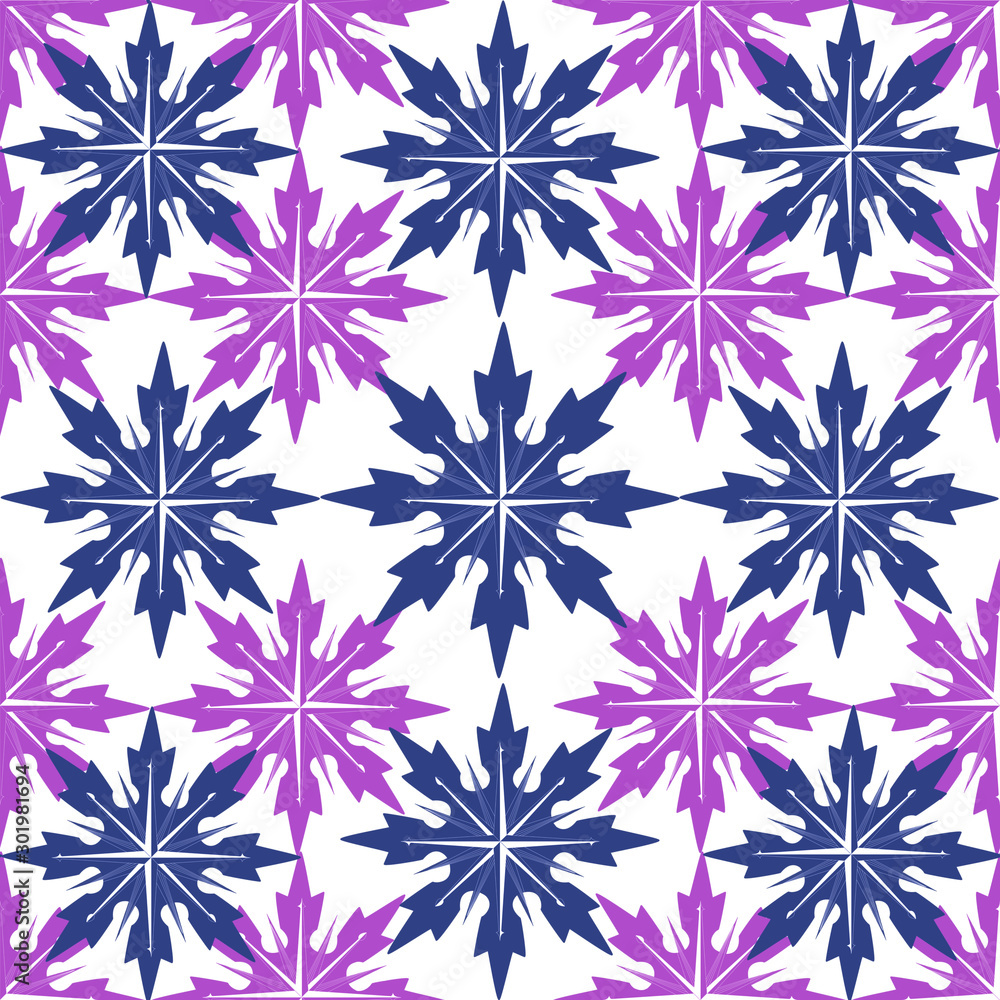 Seamless geometric winter pattern with dark blue and purple snowflakes on a white background Seamless geometric winter pattern with dark blue and purple snowflakes on a white background