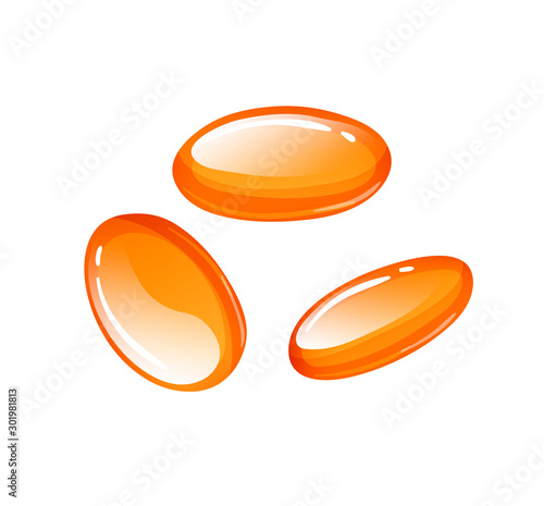 Very glossy oval orange caramel candies, vector