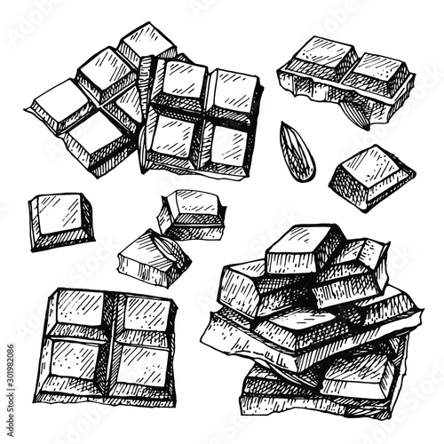 Hand drawn set of chocolate.Hand drawn chocolate bar broken into pieces, appetizing realistic drawing. illustration of choco bar on white background. 