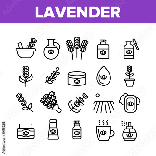 Lavender Collection Elements Icons Set Vector Thin Line. Lavender Flower And Drop, Container With Cosmetic Creme And Bottle With Perfume. Concept Linear Pictograms. Monochrome Contour Illustrations