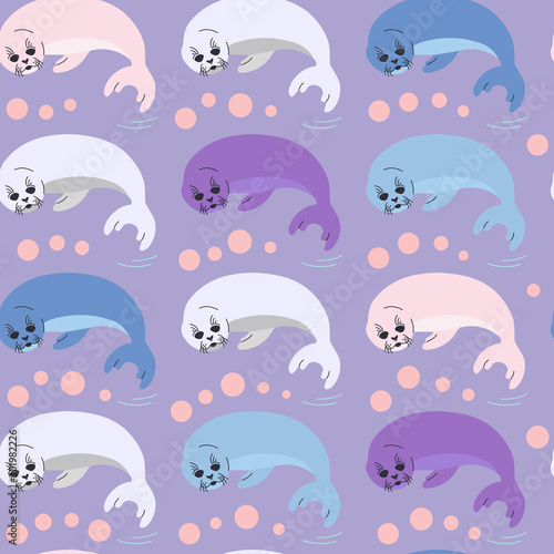 Seal pup seamless pattern in trendy colors. Vector illustration of lying seal animal in a flat style. Design element for textile print, wrapping paper.