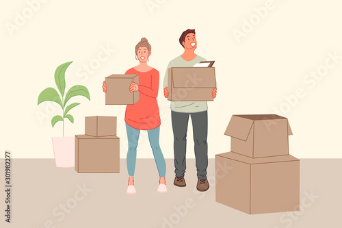 Young family, neighbour, rearrangement, moving to new house, cohabitation concept.