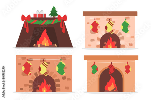 Set of vector illustration of home fireplace with festive