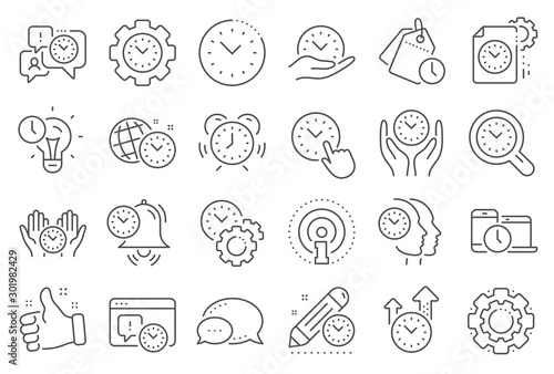 Time management line icons. Alarm clock, timer plan and project deadline signs. Countdown clock, time log and appointment reminder icons. People work, watch and office timer. Line signs set. Vector