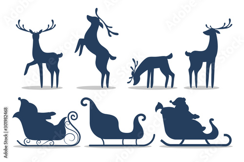 Santa Claus in sleigh and running deer. Christmas character with gift