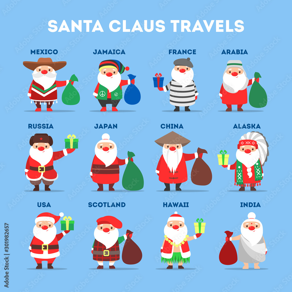 Set of cute funny Santa Claus wearing national costumes. Santa Set of cute funny Santa Claus wearing national costumes. Santa