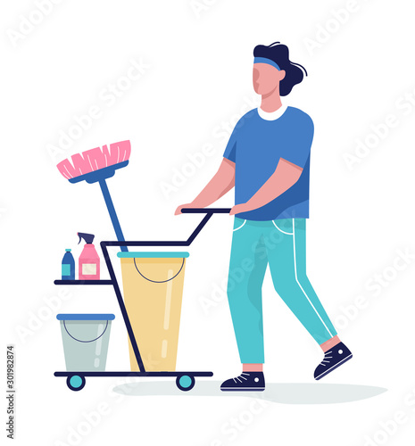 Cleaning concept. Man with cleaning equipment. Detergent