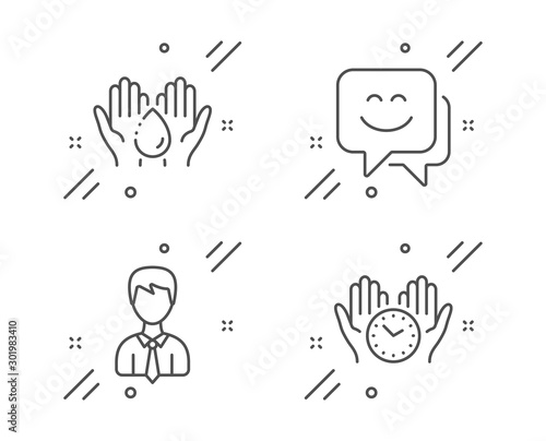 Businessman, Wash hands and Smile face line icons set. Safe time sign. User data, Skin care, Chat. Hold clock. People set. Line businessman outline icon. Vector