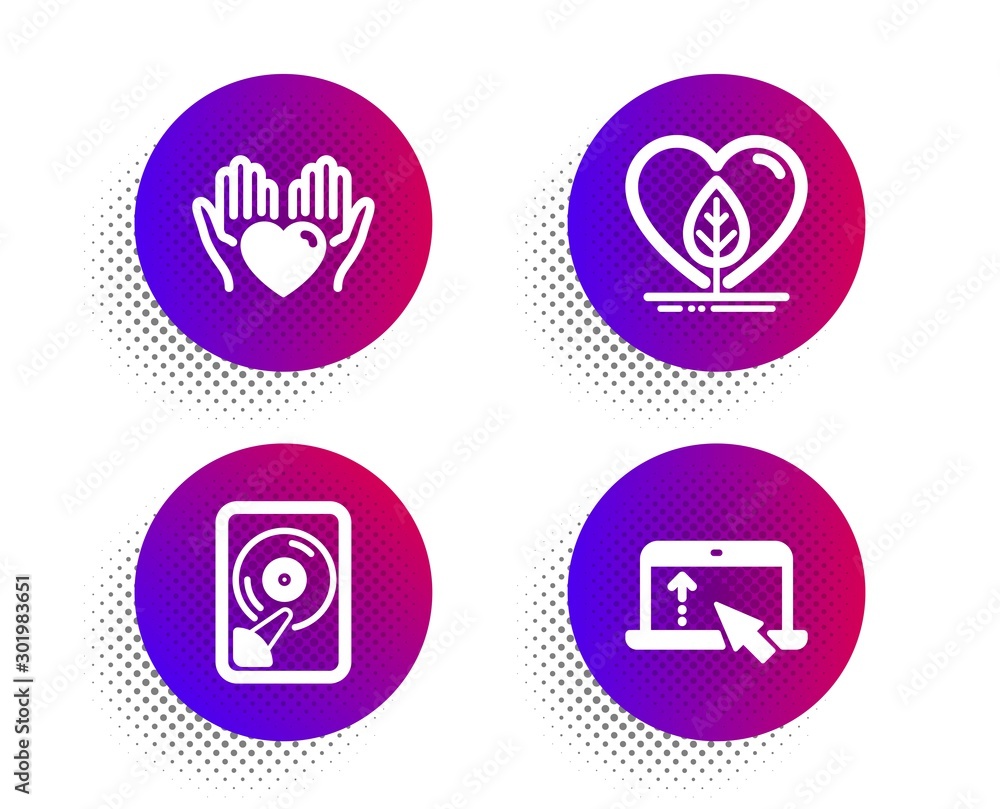 Hold heart, Hdd and Local grown icons simple set. Halftone dots button. Swipe up sign. Care love, Memory disk, Organic tested. Scroll screen. Business set. Classic flat hold heart icon. Vector