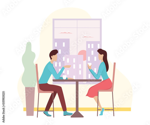 Romantic couple sitting in cafe. Vector illustration of couple