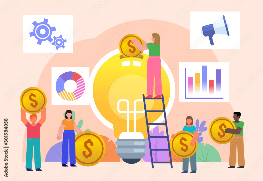 Startup crowd funding concept. Group of people stand with coins near big idea bulb. Poster for social media, web page, banner, presentation. Flat design vector illustration