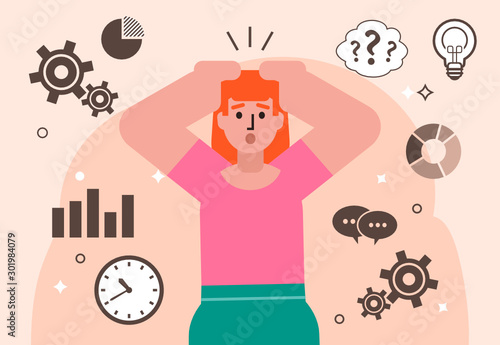 Stressed woman stands surrounded by stress factor elements. Panic attack, stress management concept. Poster for social media, web page, banner, presentation. Flat design vector illustration