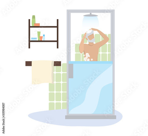 Vector illustration of an old man taking a shower