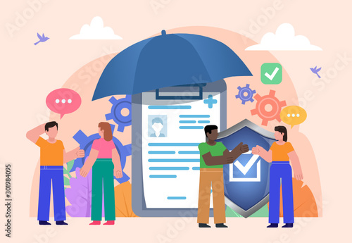 Healthcare, medical insurance concept. Group of people stand near big insurance document under umbrella. Poster for social media, web page, banner, presentation. Flat design vector illustration