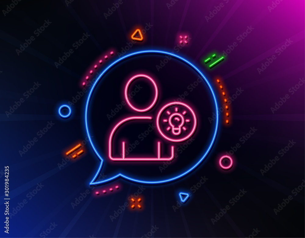 User line icon. Neon laser lights. Profile with Lamp bulb sign. Person silhouette with idea symbol. Glow laser speech bubble. Neon lights chat bubble. Banner badge with user idea icon. Vector User line icon. Neon laser lights. Profile with Lamp bulb sign. Person silhouette with idea symbol. Glow laser speech bubble. Neon lights chat bubble. Banner badge with user idea icon. Vector