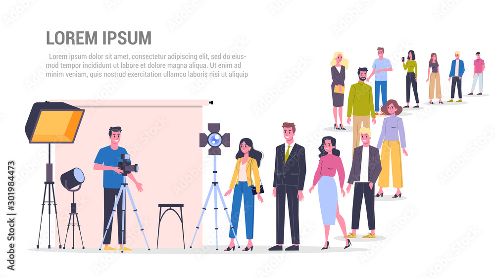 Vector illustration of big queue of people standing towards a photo studio Vector illustration of big queue of people standing towards a photo studio