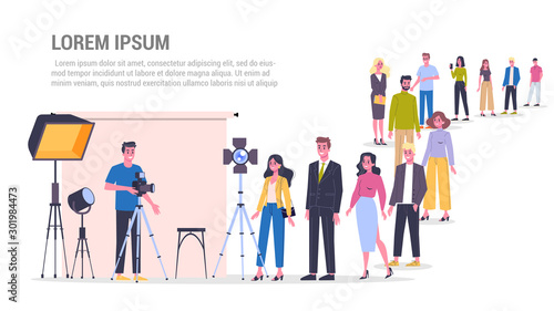 Vector illustration of big queue of people standing towards a photo studio