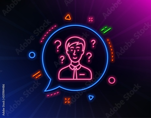 Question mark line icon. Neon laser lights. Support consultant sign. Glow laser speech bubble. Neon lights chat bubble. Banner badge with support consultant icon. Vector