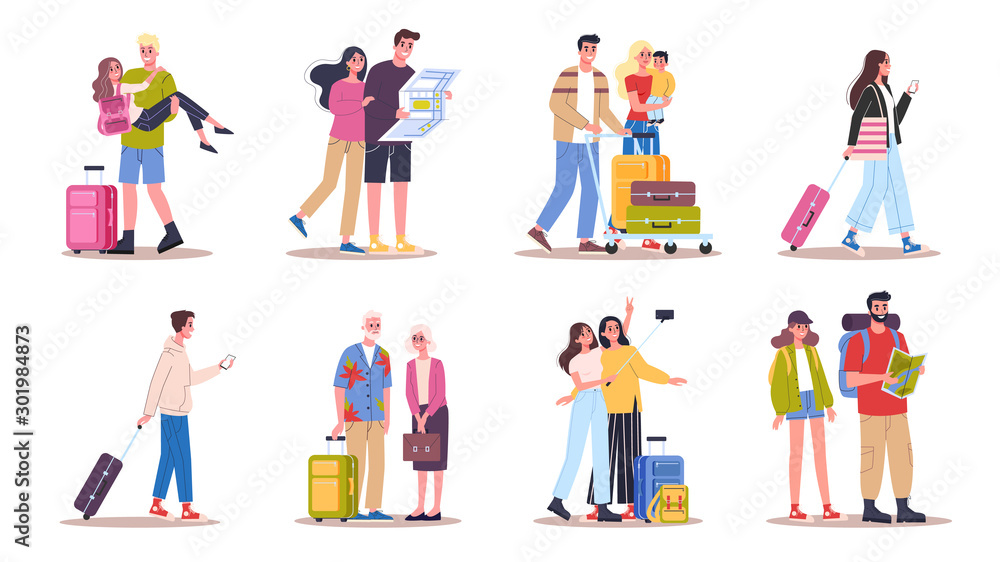 Vector illustration set of tourist with laggage and handbag. - obrazy, fototapety, plakaty 