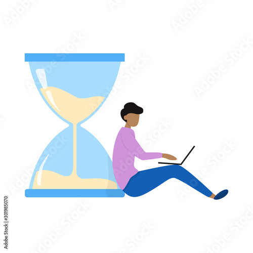 Character working on laptop. Man sitting on floor.