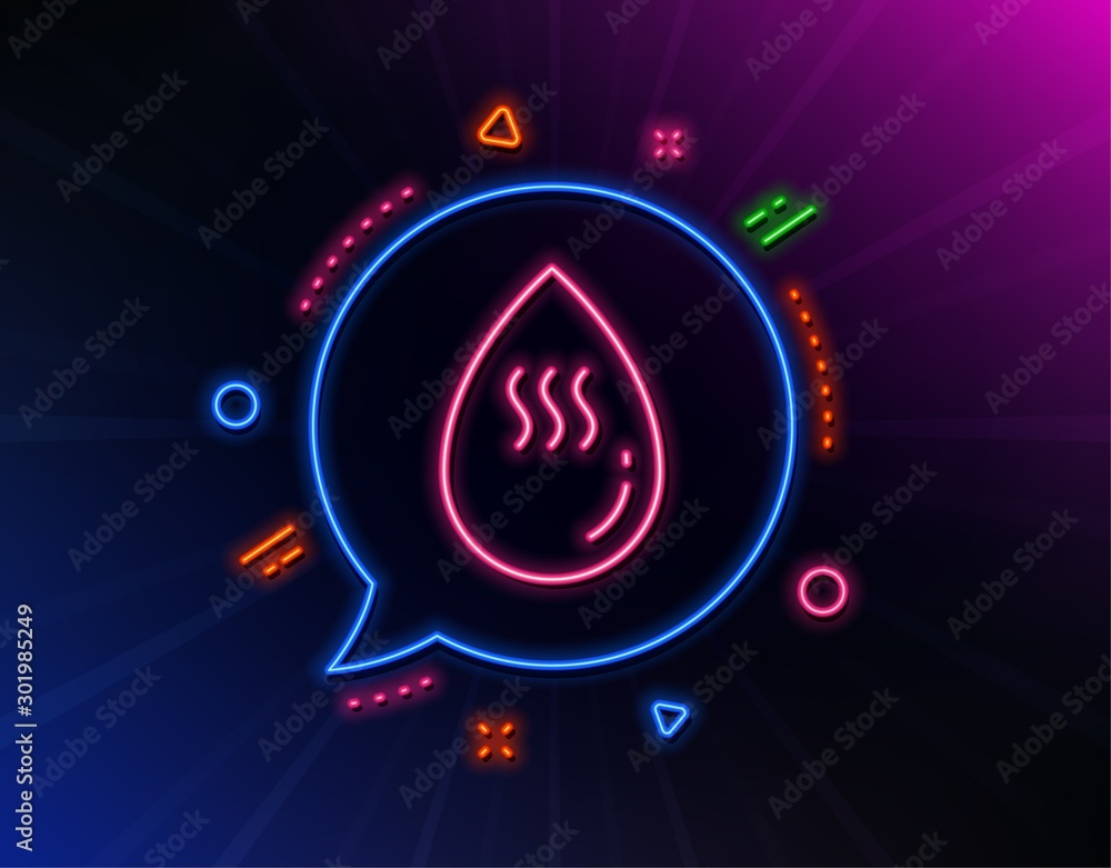 Hot water drop line icon. Neon laser lights. Clean aqua sign. Liquid symbol. Glow laser speech bubble. Neon lights chat bubble. Banner badge with hot water icon. Vector Hot water drop line icon. Neon laser lights. Clean aqua sign. Liquid symbol. Glow laser speech bubble. Neon lights chat bubble. Banner badge with hot water icon. Vector