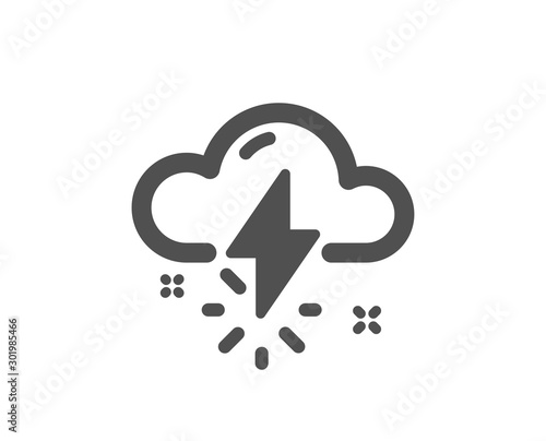 Thunderbolt with cloud sign. Thunderstorm weather icon. Bad day symbol. Classic flat style. Simple thunderstorm weather icon. Vector