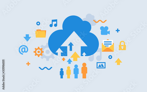 Cloud storage download flat vector illustration. Digital service or app with data transfering. Online computing technology.
