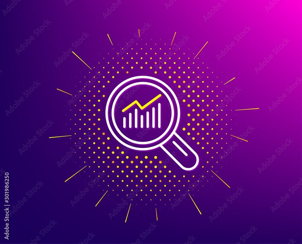 Chart line icon. Halftone pattern. Report graph or Sales growth sign in Magnifying glass. Analysis and Statistics data symbol. Gradient background. Data analysis line icon. Vector Chart line icon. Halftone pattern. Report graph or Sales growth sign in Magnifying glass. Analysis and Statistics data symbol. Gradient background. Data analysis line icon. Vector