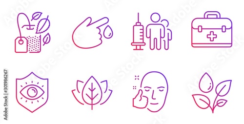 Medical vaccination, Healthy face and Eye protection line icons set. Blood donation, First aid and Mint bag signs. Organic tested, Plants watering symbols. Syringe vaccine, Healthy cosmetics. Vector